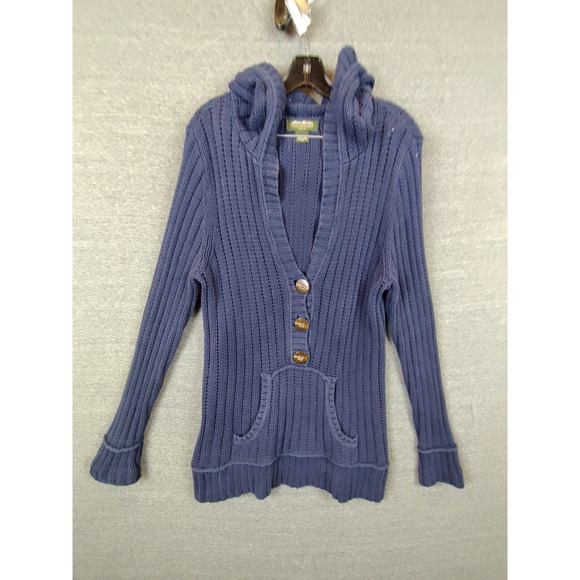 Eddie Bauer Womens Sweater XL Blue Chunky Knit Pullover Hoodie Cabincore Cozy - Picture 1 of 7